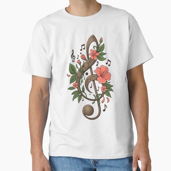 Vintage Wooden Treble Clef with Floral Vines & Music Notes